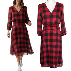 Karl Lagerfeld Paris Buffalo Plaid Chiffon Midi Dress Red Black Pleated Size 4